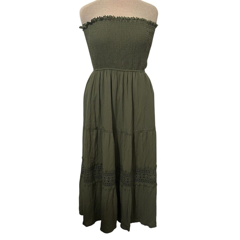 ZESICA Green Smocked Strapless Tiered Maxi Dress Boho Cottagecore Small Peasant